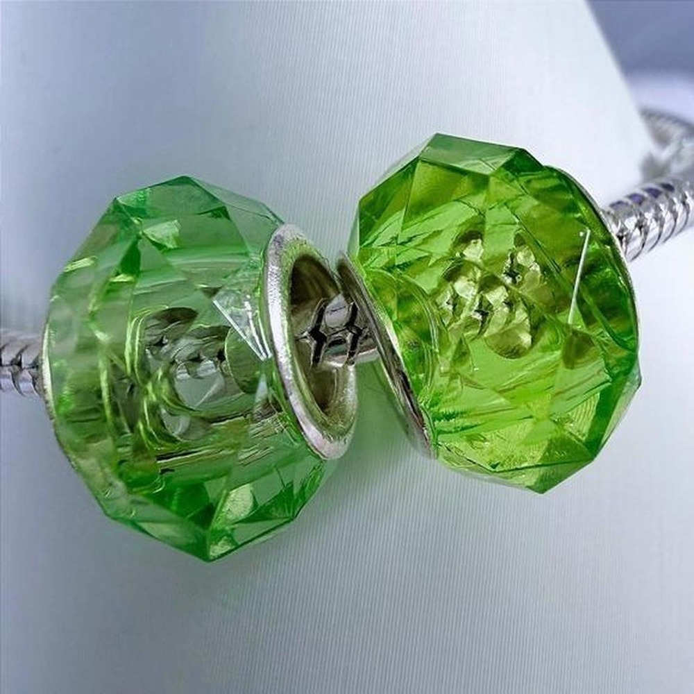 Green Faceted Crystal Silver Bead Charm Fits Snake Chain Bracelet